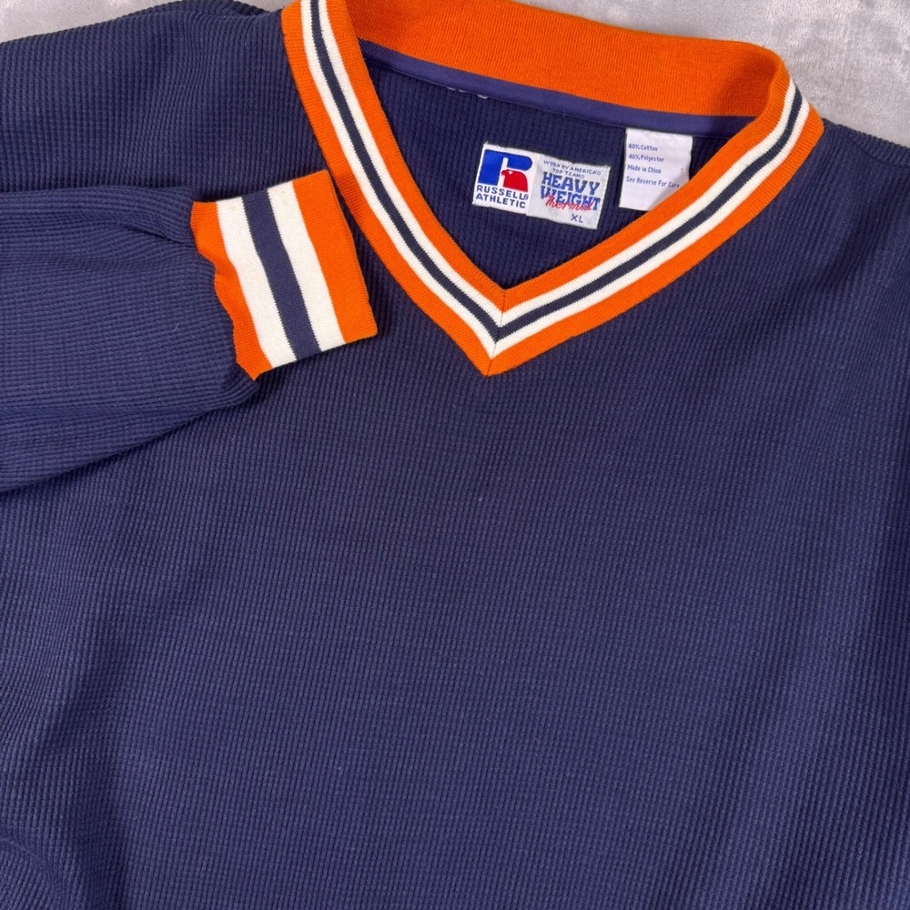 VTG 90s Russell Athletic Heavyweight Thermal V-Neck Pullover Navy Orange XL